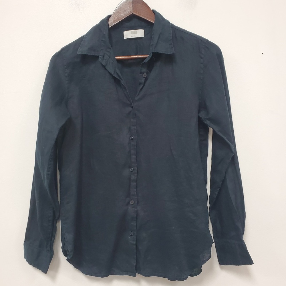 Uniqlo Womens Long Sleeve Linen Button Shirt Size M Blue Nautical Quiet Luxury